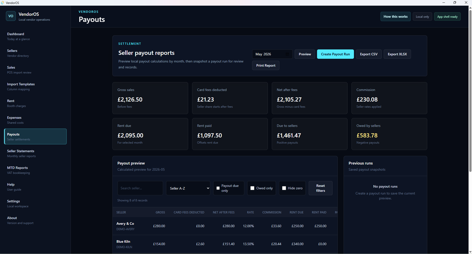 VendorOS payout report screen