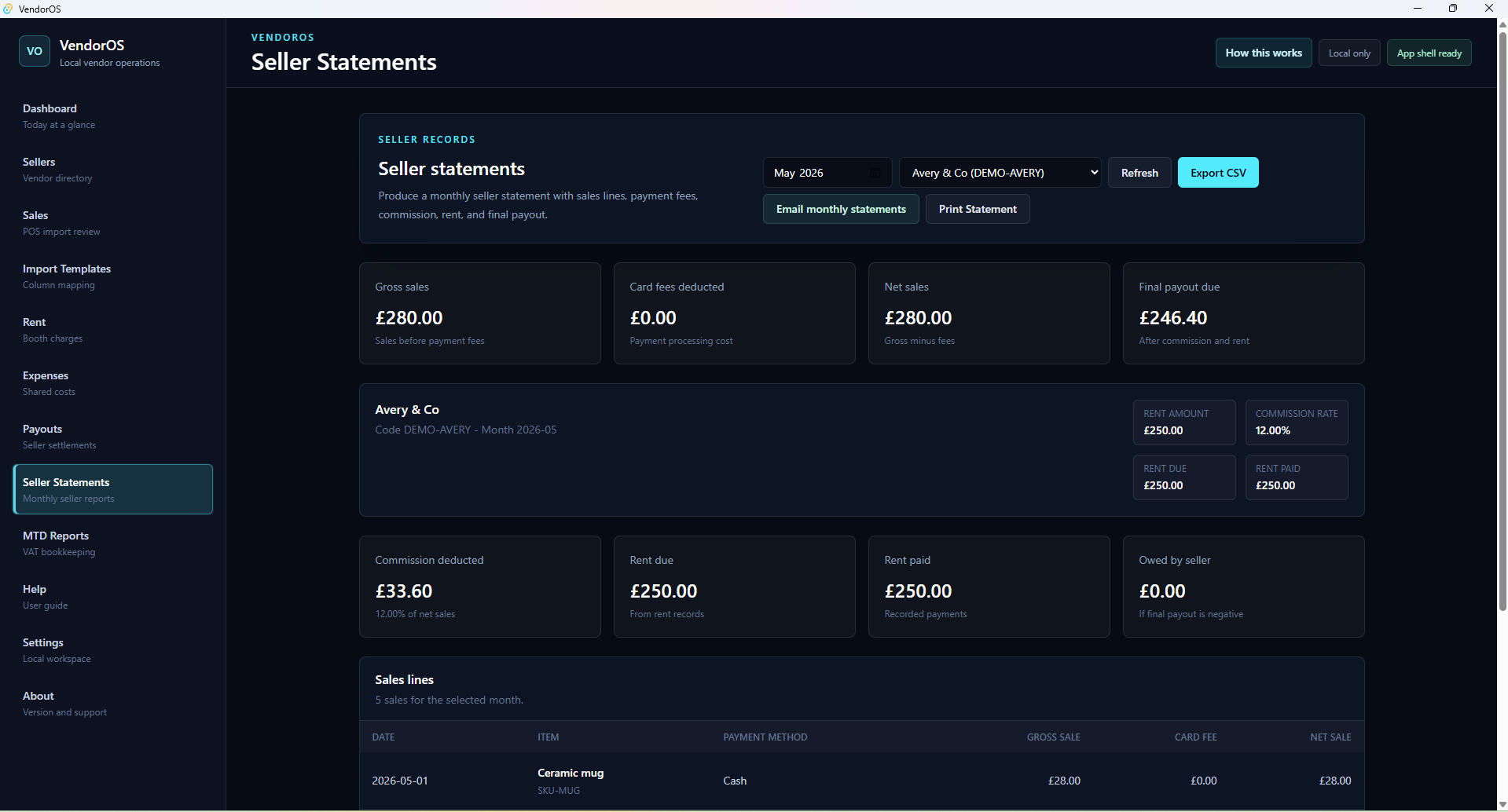VendorOS seller statements screen